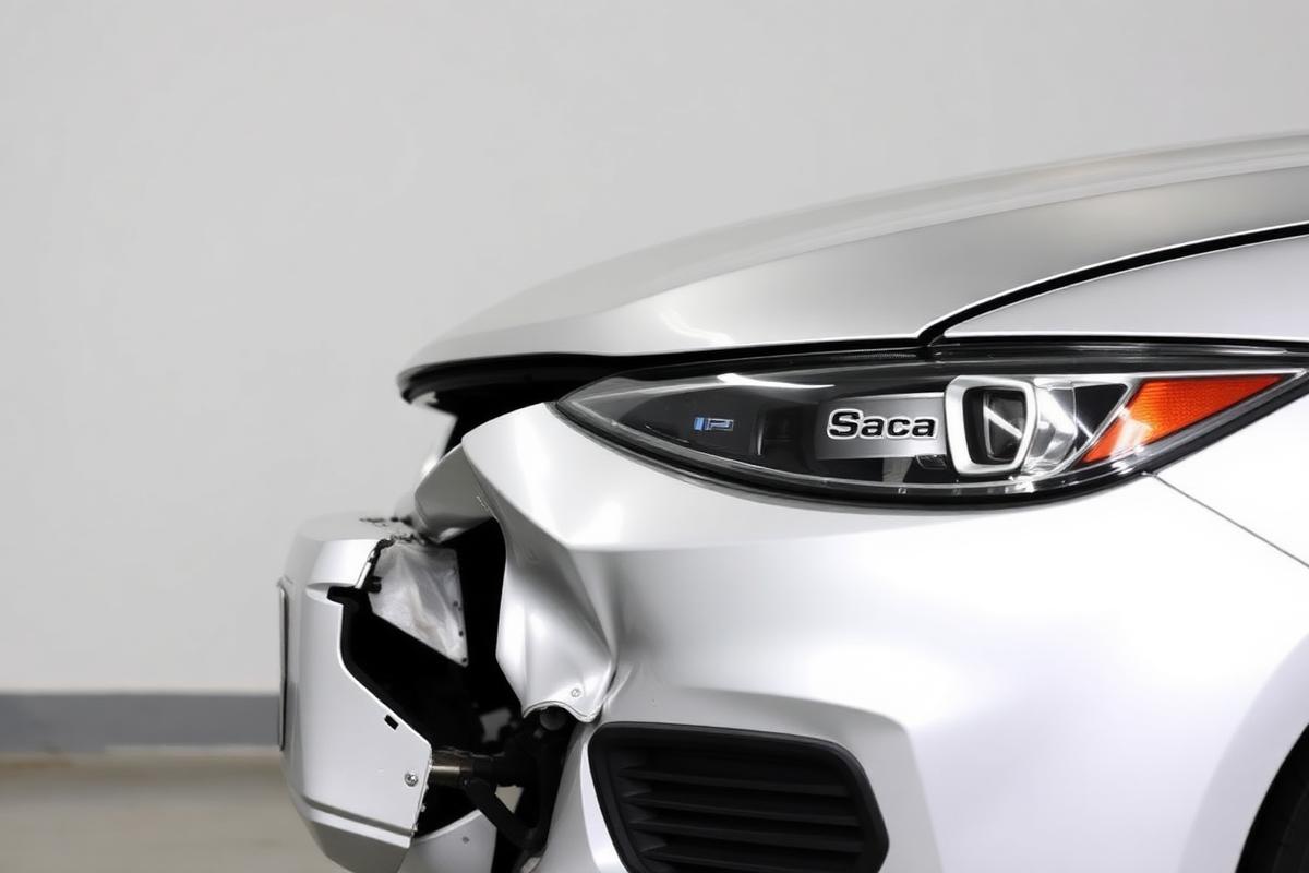 Silver sedan with a crushed front bumper and damaged headlight before repair